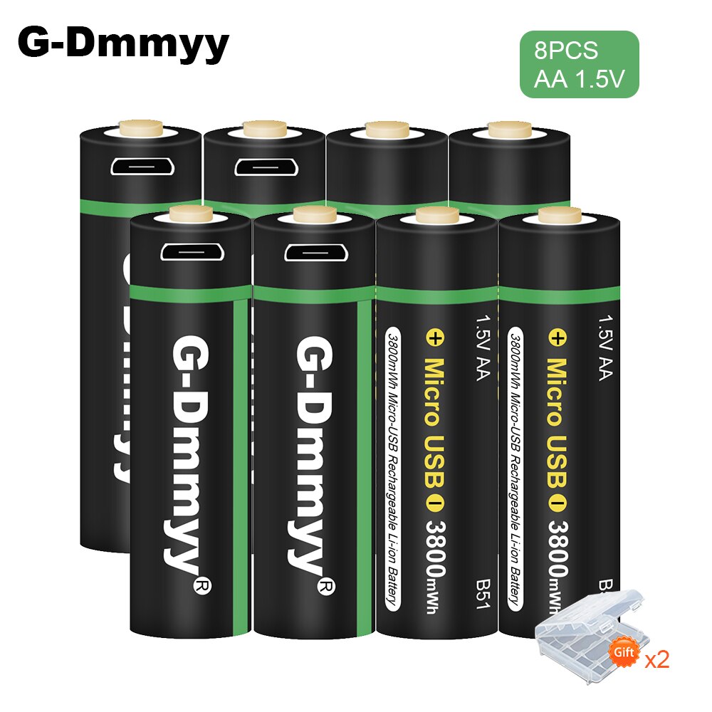 1.5V AA Rechargeable Battery 3800mWh USB Rechargeable Lithium Li-ion Polymer Battery Quick Charging by Micro USB Cable: 8pcs aa 1.5v