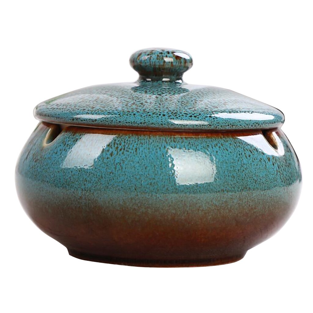 5Colors Garden Ceramic Ashtray with Lid Outdoor Indoor, Height 3.15" Diameter: 4.3": Blue