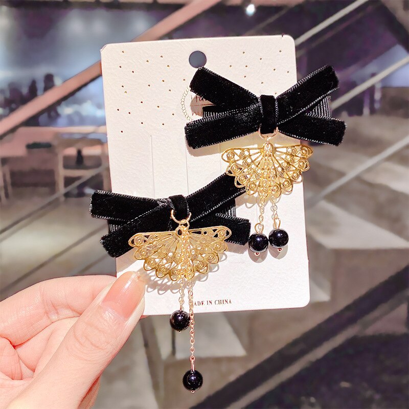 Coreano veludo arco hairpins crianças tecido borla pérola grampos de cabelo artesanal moda jóias headpiece acessórios para o cabelo das meninas: 1