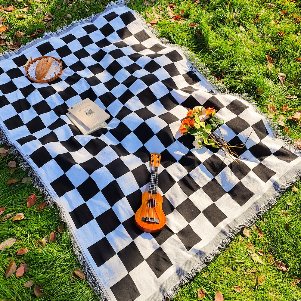 Nueva estera de Picnic a cuadros bohemia, manta para acampar en interiores y exteriores, tela de Picnic de punto portátil, funda para sofá, mantas para tienda: Queen / Amarillo claro
