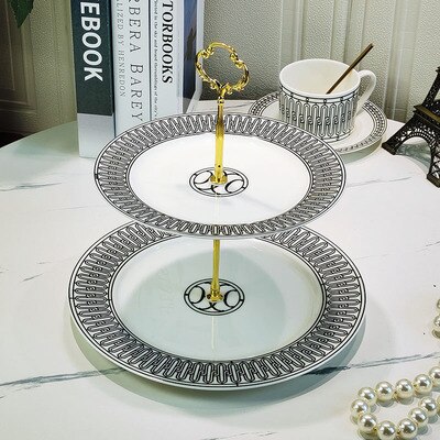 Fruit Plates Cake Snack Tray Porcelain Cake Stand Set Birthday Dessert Vegetable Storage Rack Ceramic Fruits Basket: Black and white