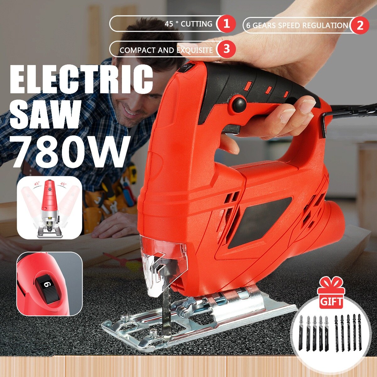 Multifunctional Jigsaw Electric Saws 780W Jig Saw 6 Variable Speed Electric Saw With 10 Pieces Blades for Woodworking Power Tool