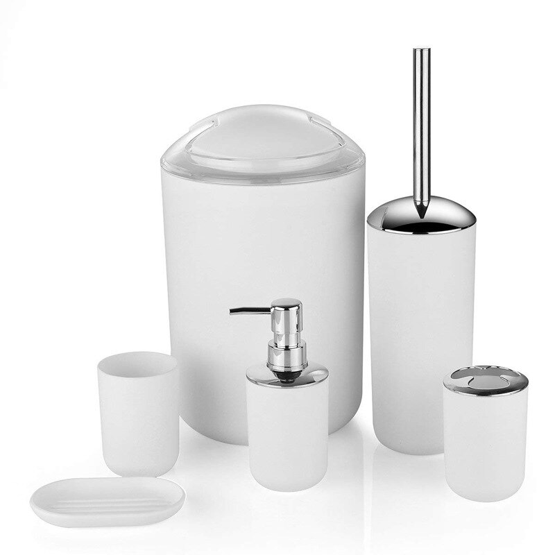 Ensemble d&#39;accessoires de salle de bain en plastique, brosse de toilette, porte-savon, distributeur de dentifrice, couvercle pivotant, poubelle lavable, 6 pièces: White