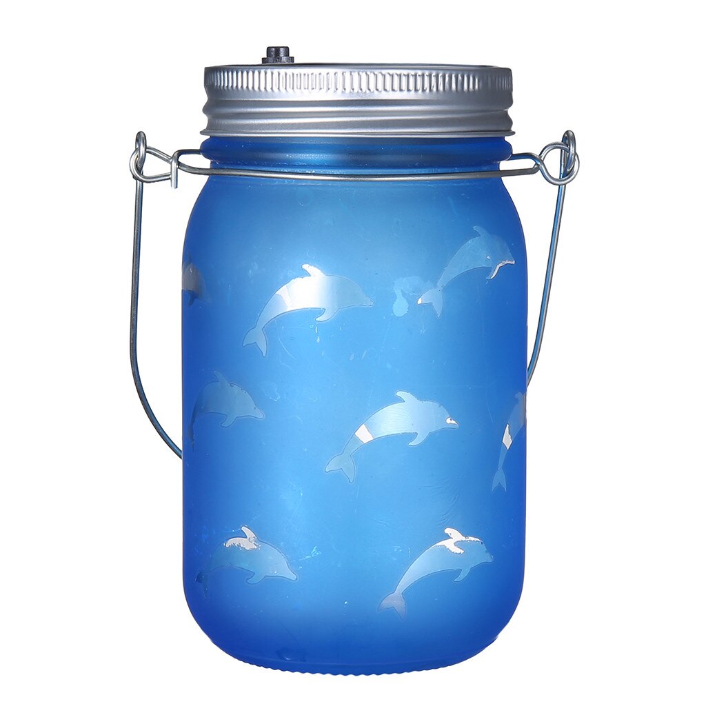 Hand Etched Dolphins Solar Mason Jar Light Bottle Projection Nightlight Patio
