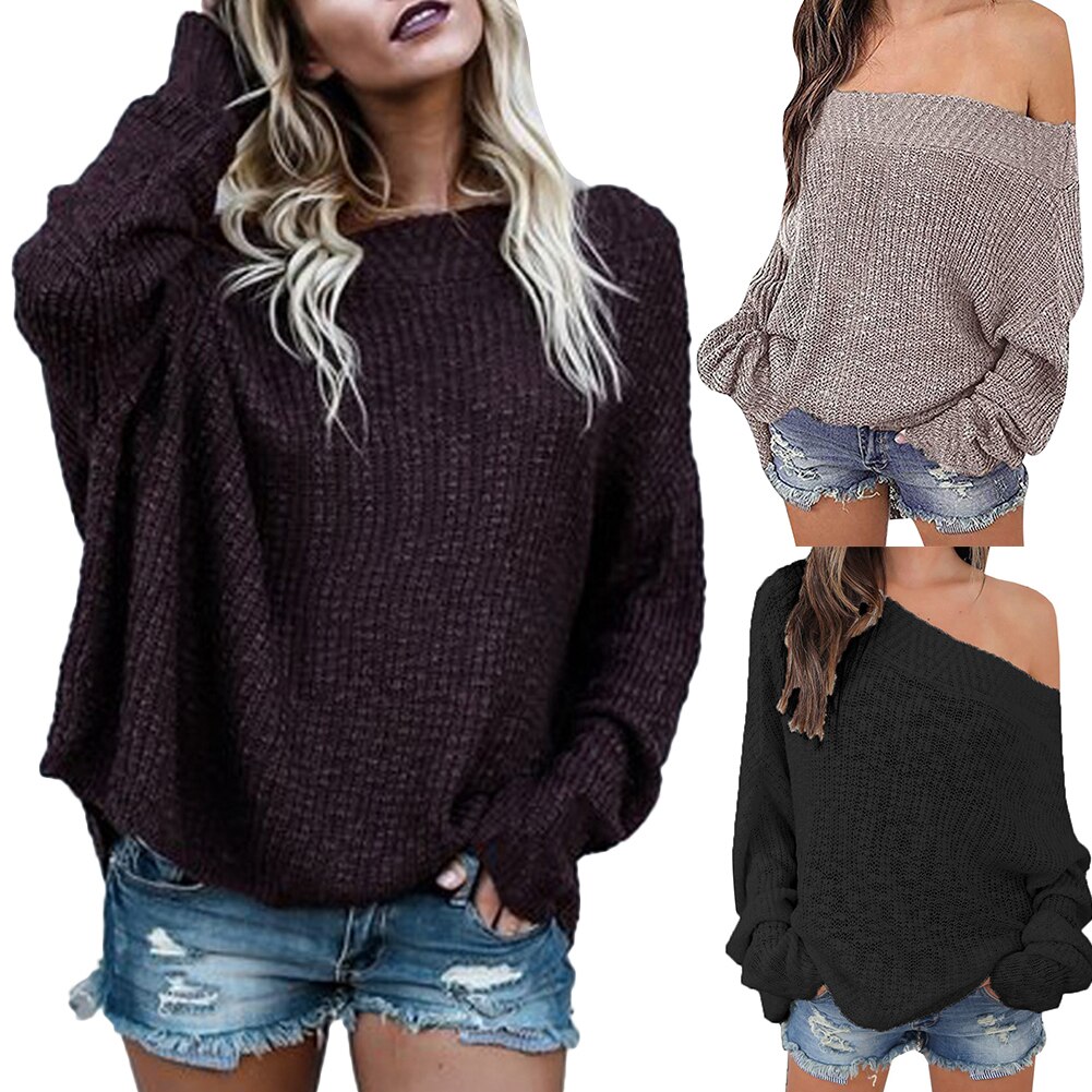 Damebluse efterår vinter ensfarvet langærmet off shoulder strikket løs sweater dame rullekrave