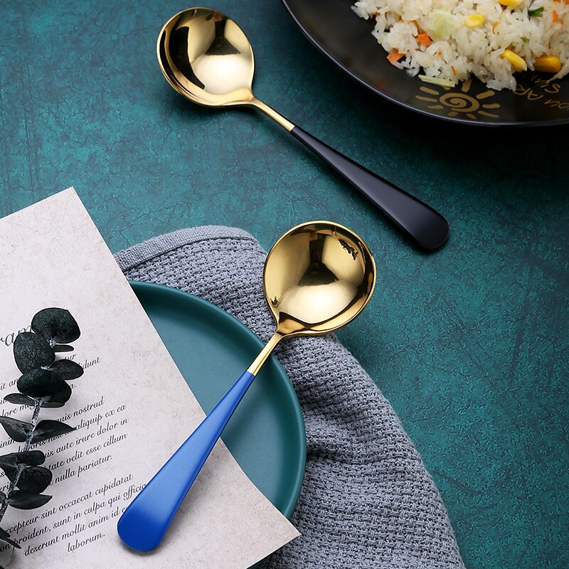 Coffee Spoons Stainless Steel Dessert Spoons Kitchen Utensils Round Spoons 7Colors 1pcs Serving Spoon