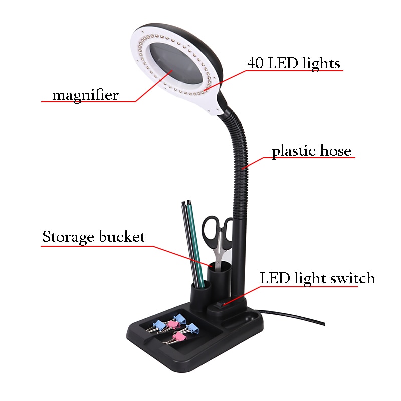 Fleksibel 5x /10 eu us stik 40 led lys forstørrelsesglas oplyst lup lampe lup læse/omarbejde/lodde bordlampe