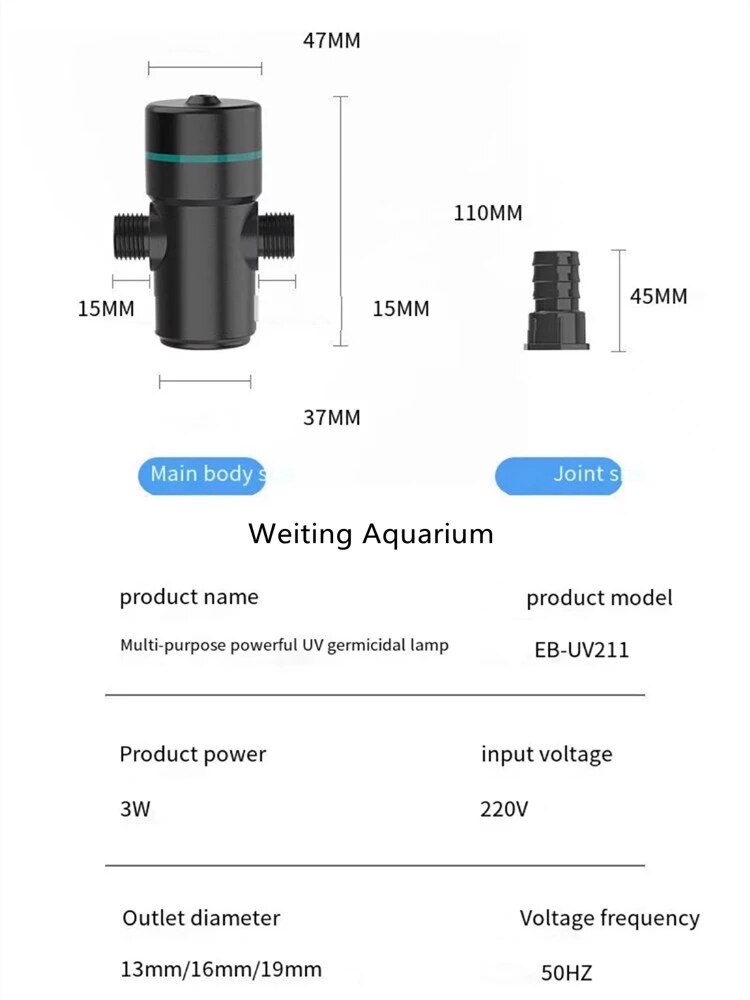 Lámpara de desinfección UV para pecera, lámpara de esterilización de buceo para estanque de peces, eliminación de algas, accesorios externos para acuario