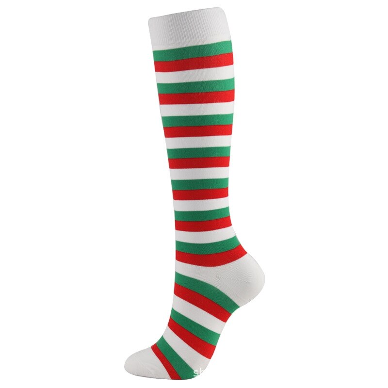 1 Pair Compression High Knee Socks Women Long Socks Christmas Cap Tree Deer Striped Printed Polyester Winter Warm Comfartable