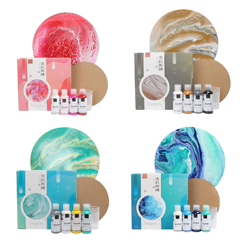 Premium Fluid Acrylic Paint Set 4 Pieces Bottles High-Flow Paint Art Supplies for Canvas Glass Papers Woods Tiles