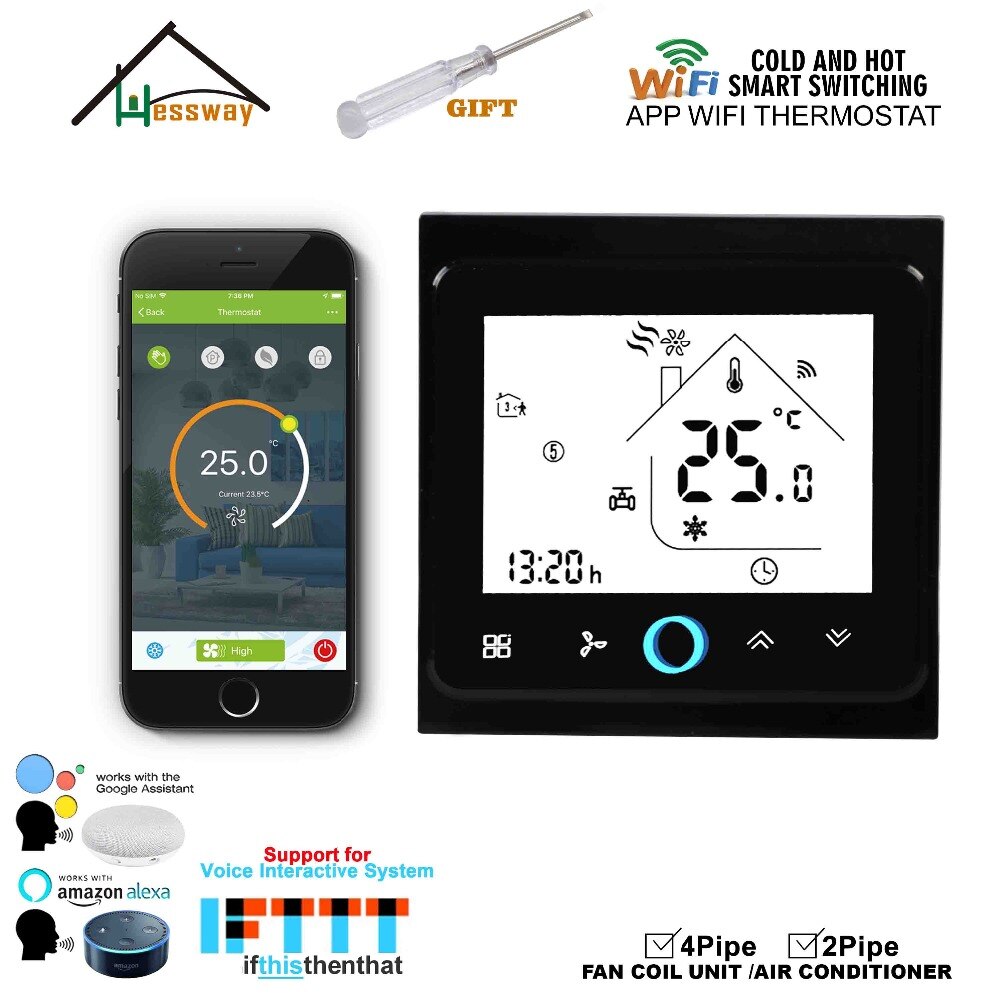 HESSWAY TUYA APP Smart Fan Coil WIFI Thermostat 24VAC for 4pipe 2Pipe Heat Cool Temp