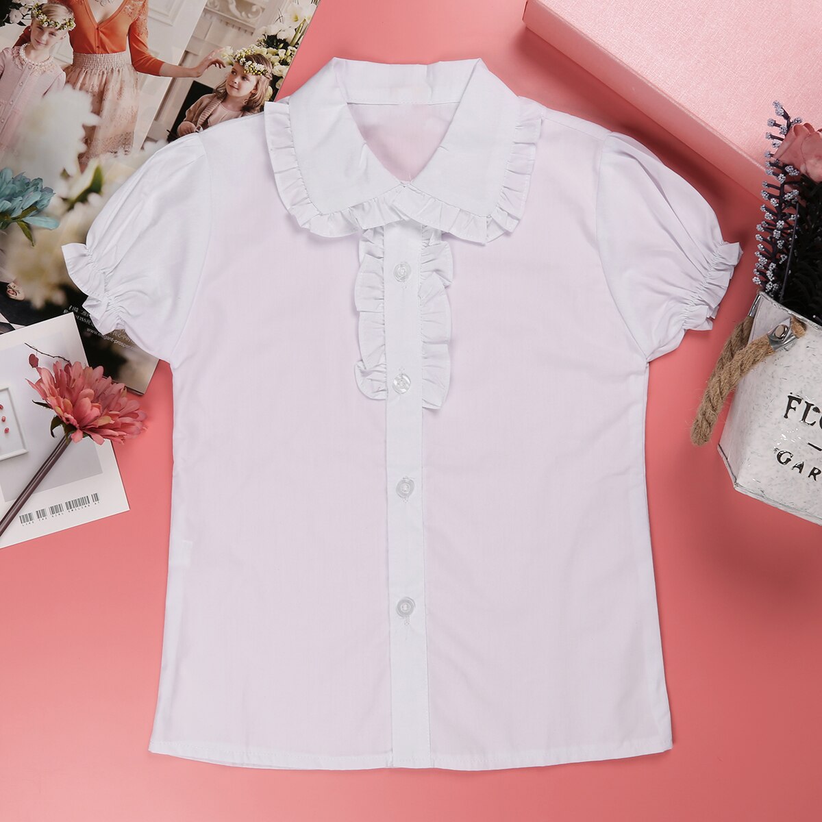 Meisjes Zomer Top Kinderen Korte Puff Mouwen Wit Blouses Franje Kraag Ruches Shirts Voor Tiener School Meisje Blouse