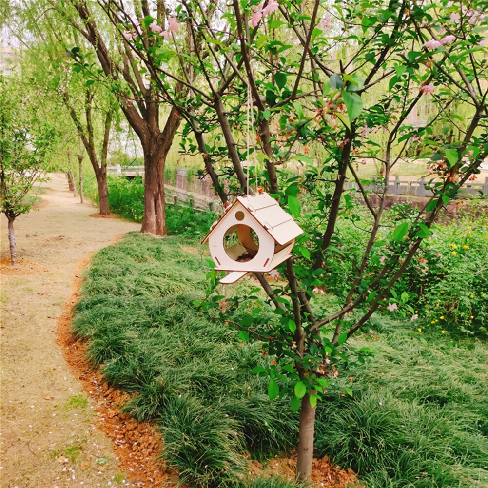 DIY Assembled Hanging Wooden Bird Feeder Garden Wooden Birdhouse Outdoor Bird Cage Feeder Pendant Bird House Food Water Feed