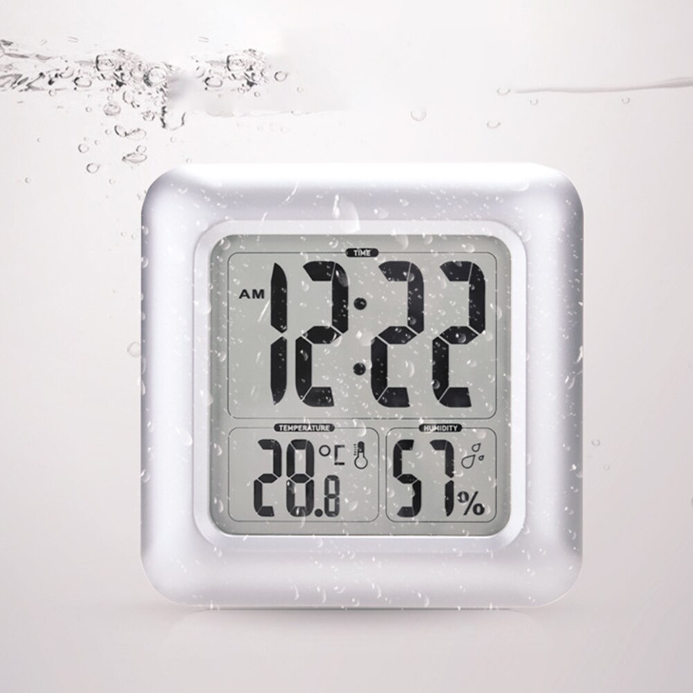 Large Screen LCD Display Hygrometer Thermometer Clock Shower Waterproof Bathroom Square