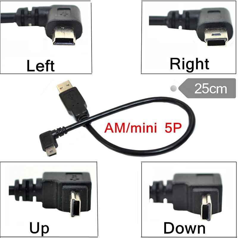 USB MINI 5Pin 5P 90° angle Male to USB 2.0 A Male Plug Data Cable 0.25m 1.5m 3m