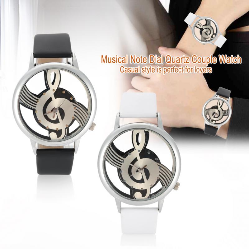 2 kleuren Quartz Analoog Paar Horloge Ronde Hollow Muzieknoot Wijzerplaat PU Band Polshorloge
