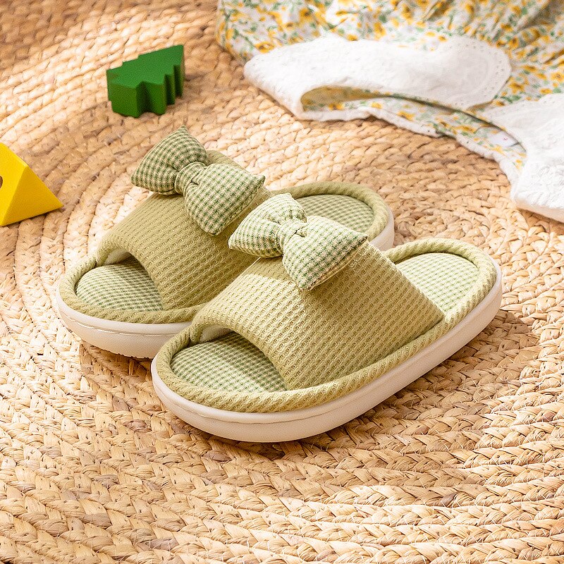 Sandales d'intérieur en lin pour filles, pantoufles d'été antidérapantes pour salle de bain, chaussures de couleur unie, souples et confortables: Green / 22
