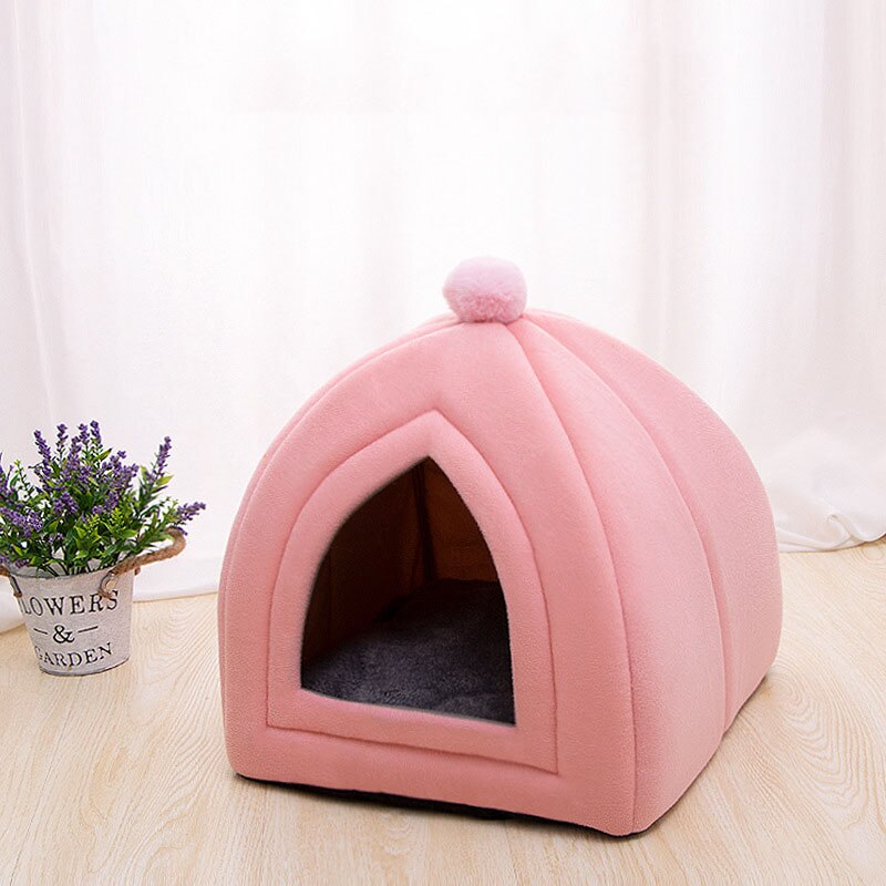 Nid de chat pliable en flanelle, maison d'intérieur pour chiens, tapis de chenil, petite grotte chaude, sac de couchage, produit pour animaux de compagnie: B Pink / L 40x40x42cm