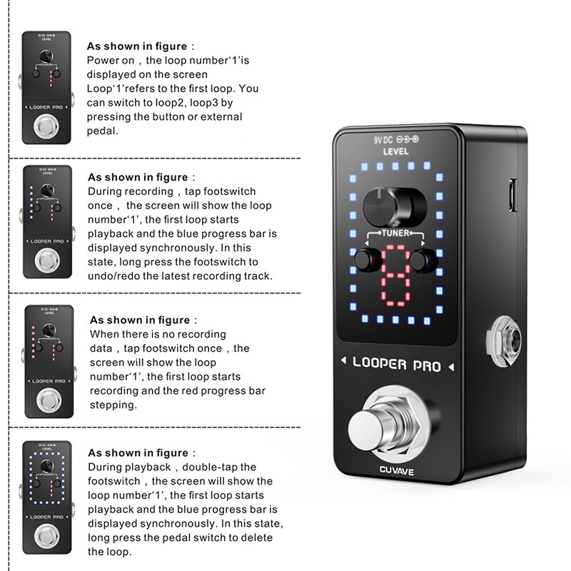 CUVAVE LOOPER PRO Erweiterte Gitarre Schleife Pedal Gitarre Teile Effekte Pedal 9 Loops Unbegrenzte Overdubs Gebaut-in Tuner Funktion