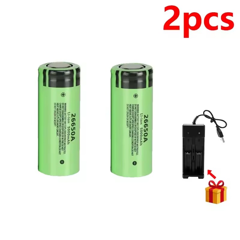 Original 26650A battery 5000mAh 3.7V 50A lithium-ion rechargeable battery 26650A LED flashlight + charger: green