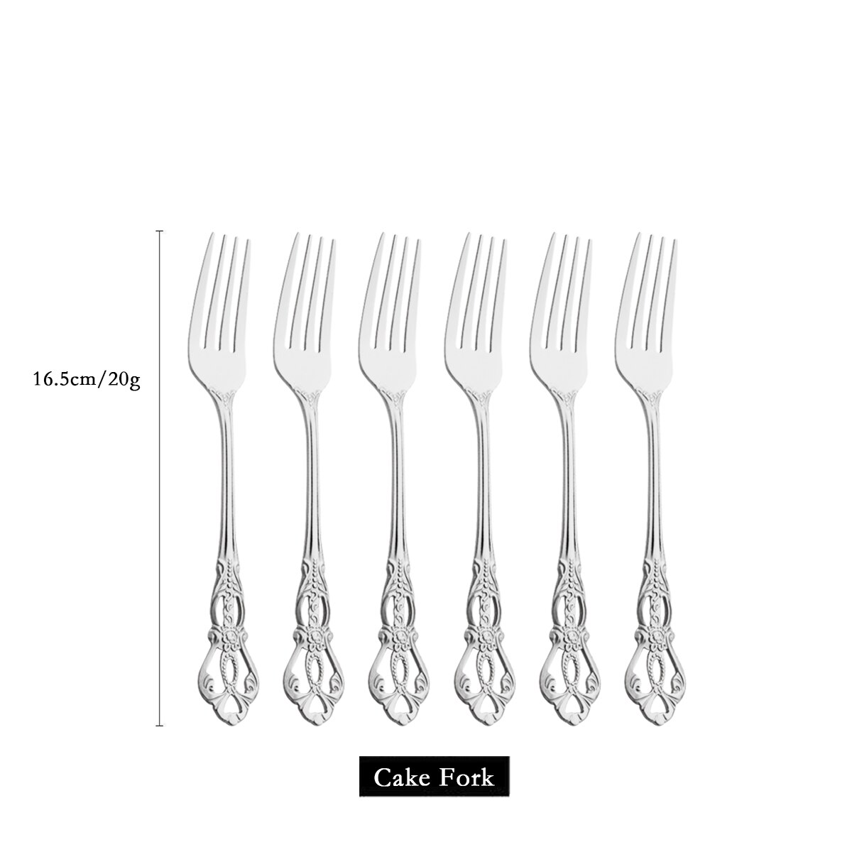 6-24pcs Luxury Wedding Silverware set Silver Dinnerware Knife Fork Tea Spoon Retro Kitchen Flatware Tableware Cutlery Rack Set: 6Pcs Cake Fork