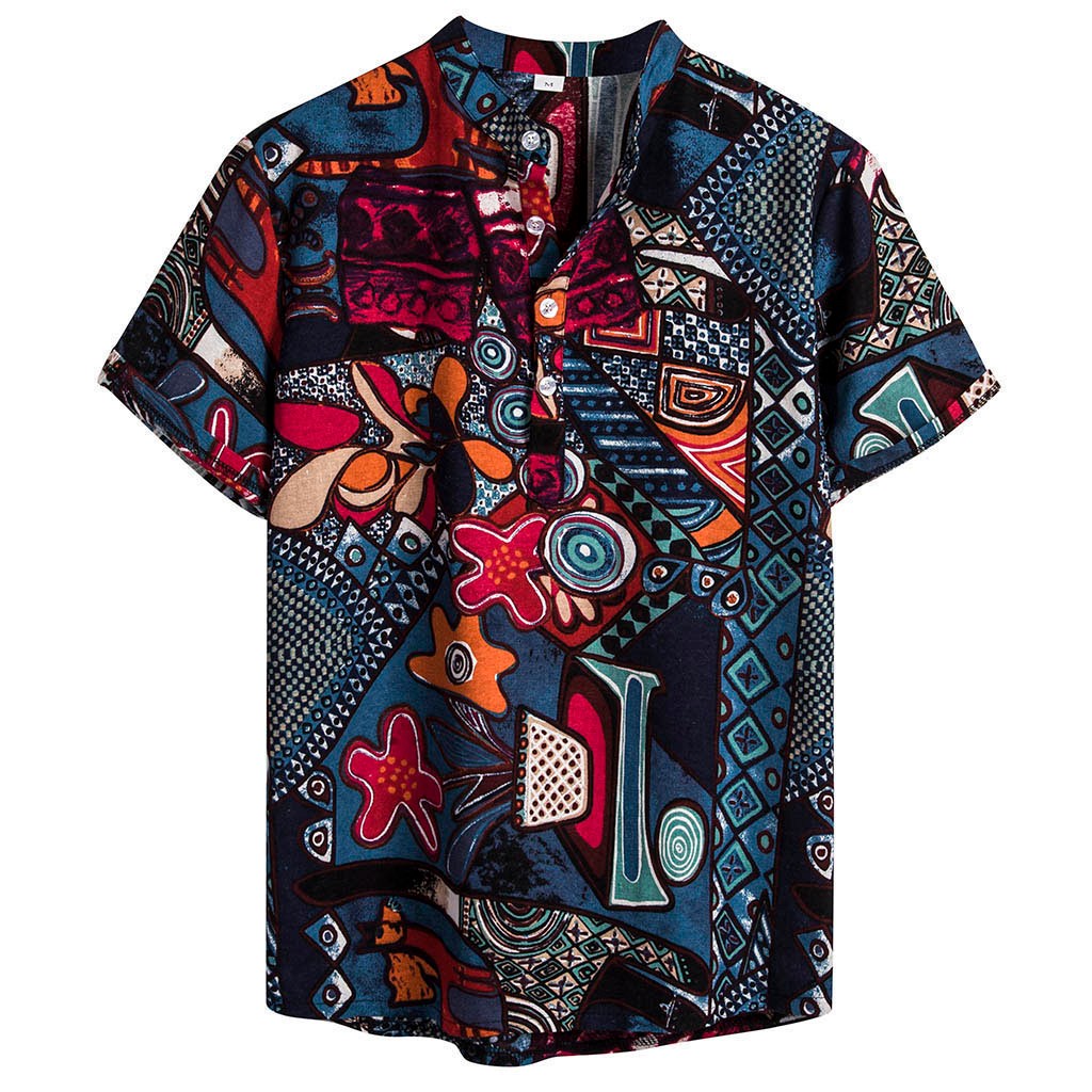 Breathable Linen Men Shirt Vintage Ethnic Printed Stand Collar Short Sleeve Streetwear Tops Loose Men Beach Hawaiian Shirts: XXXL