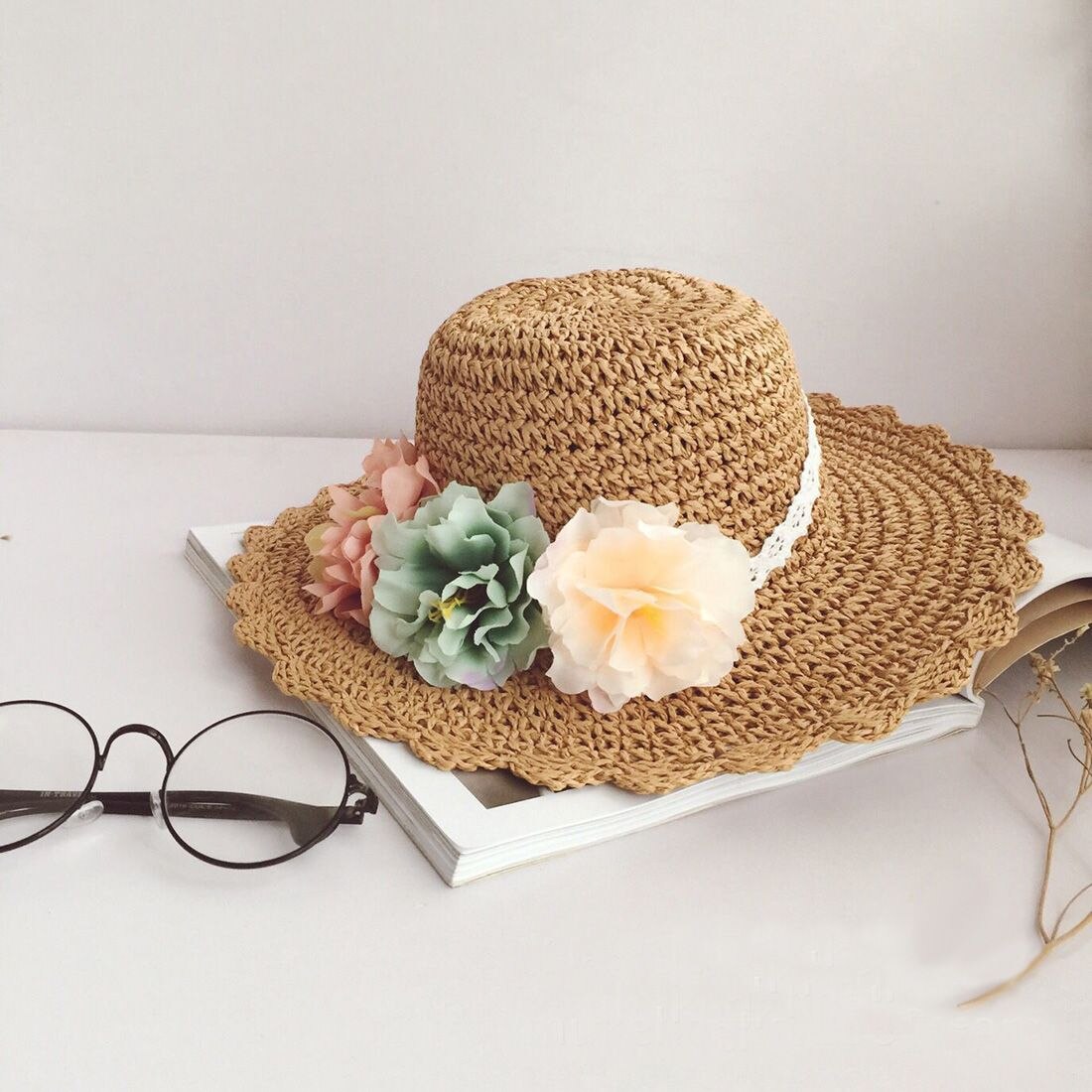 Summer KTFGS Floral Straw Hats Fedora Hat Children Visor Beach Sun Hat Wide Brim Floppy Beach Sun Visor Hat with Flowers, Khaki