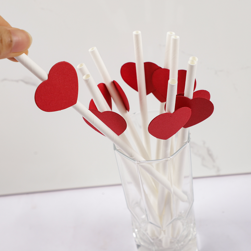 20Pcs Red Love Heart Paper Straws Romantic Wedding Party Straws Tableware Supplies Happy Valentine's Day Party Decoration