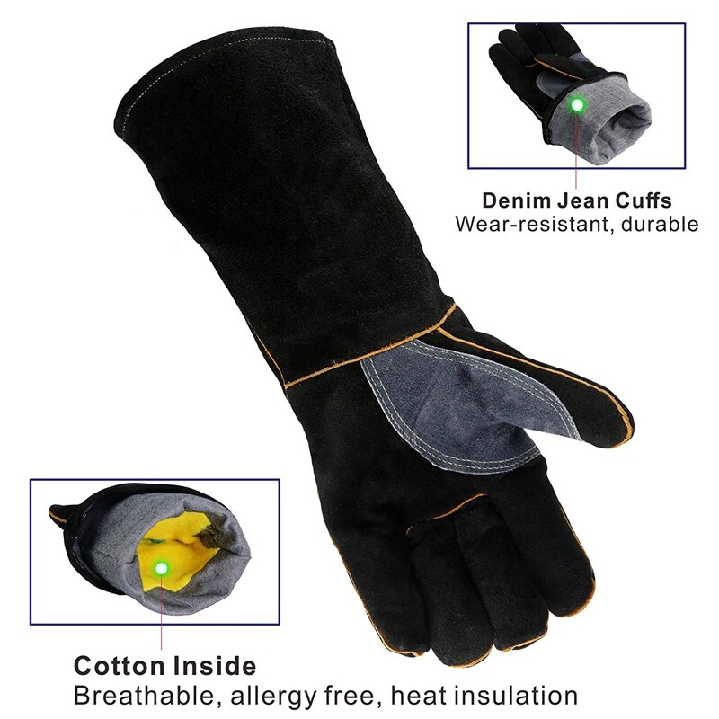 Ekstreme varme- og brandsikre handsker læder med søm, vanter perfekt til pejs, komfur, ovn, grill, svejsning, grill, mig, gryde holder