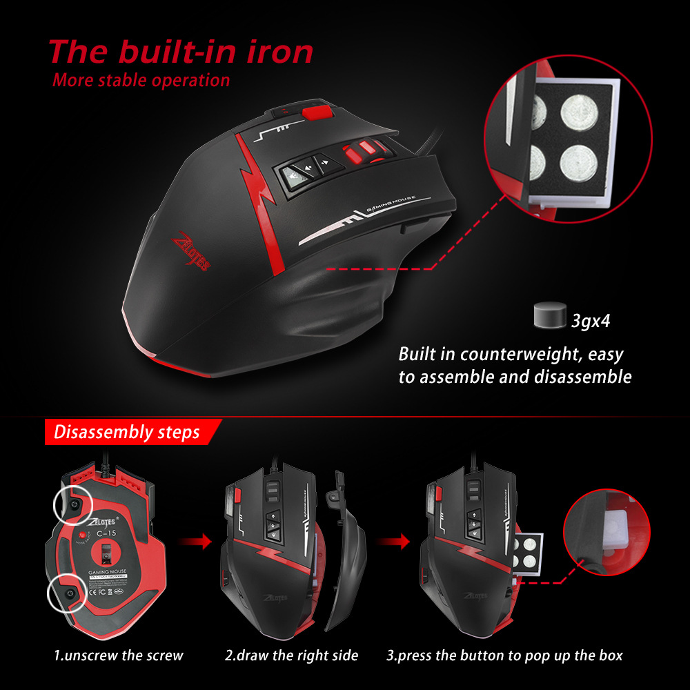 Zelotes C15 computer mouse hand game Gaming Mouse 7000 DPI 13 Programmable Buttons Weight Tuning Cartri gaming mouse