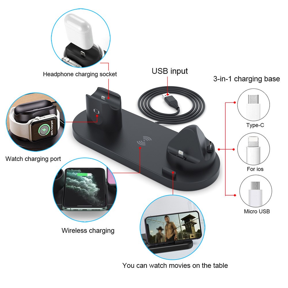 Fdgao estação carregadora sem fio 6 em 1, suporte doca de carregamento rápido qi 10w para apple watch/airpods pro/iphone/samsung/huawei/xiaomi