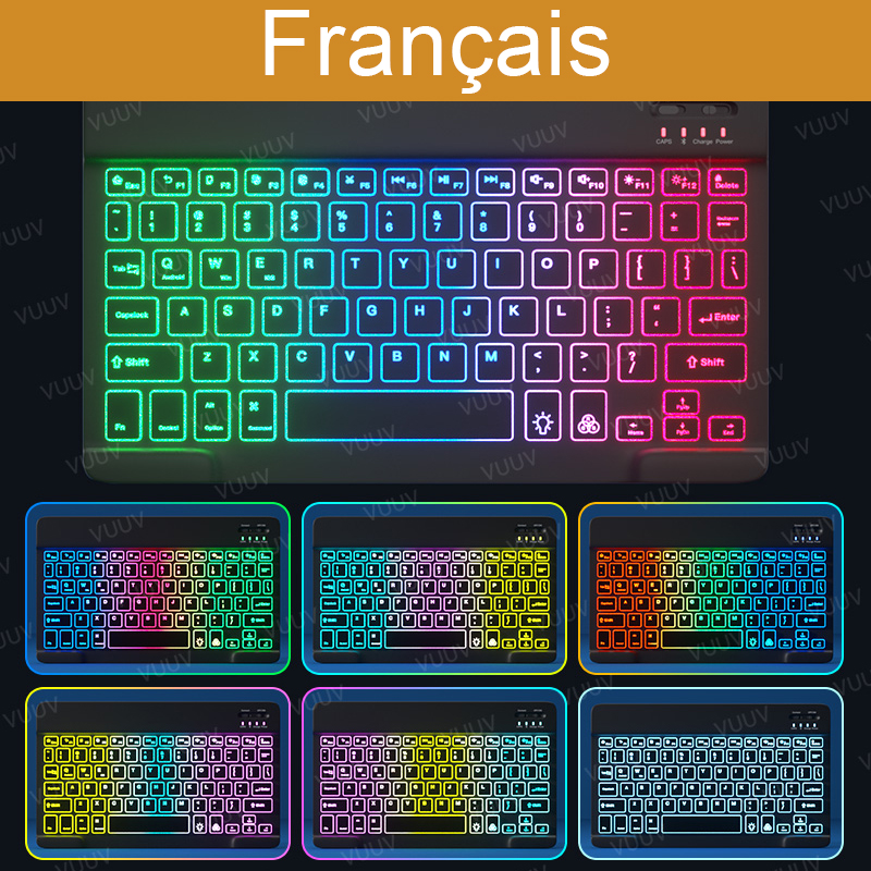 Teclado retroiluminado de arco iris para tableta, teléfono, portátil, español, ruso, portugués, inalámbrico, Bluetooth, para Xiaomi, Samsung: Black 01 French