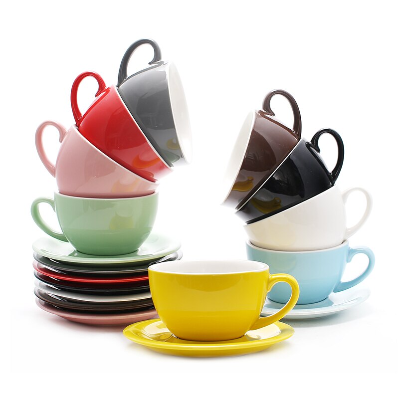 Taza de café artística Latte de boca ancha Macaron de 300ml con platillo, juego de tazas de café de cerámica esmaltada de colores gruesos europeos,