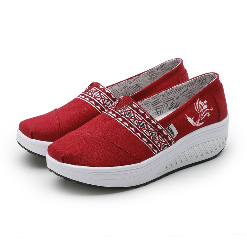 Casuam Women's Canvas Shoes Wedges Slip On Loafers Height Increasing Toning Walking Soft Sneakers Platforms: Red / 7