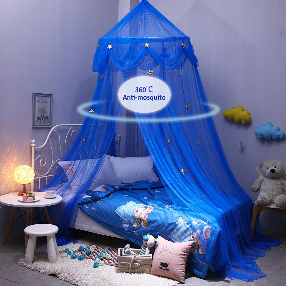 Azul Atualizado das Crianças Estrela Dreamy Estrela Fantasia Rendas Pendurado Cúpula Mosquiteiro Redondo Cama de Dossel Mosquito Net Quarto Cortina