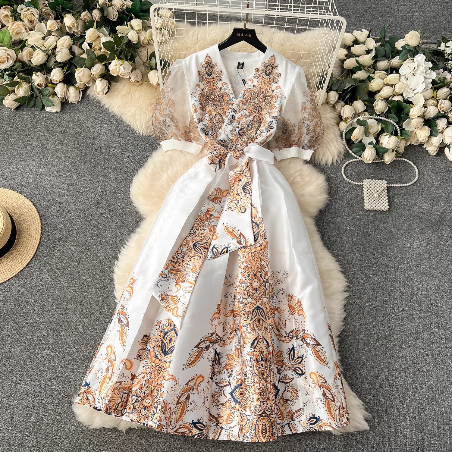 Jamerary Blumen druck Urlaubs kleid Frauen Palast Stil hoch-Ende elegante Promi Midi- Langarm Vestidos: L / Gold