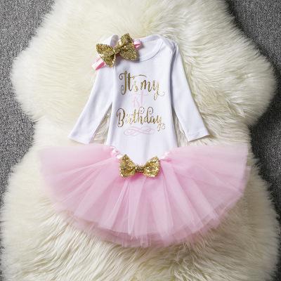 baby girl photography headbands +tutu happy birthday for infants baby girl costume long sleeve 1st birthday: pink1