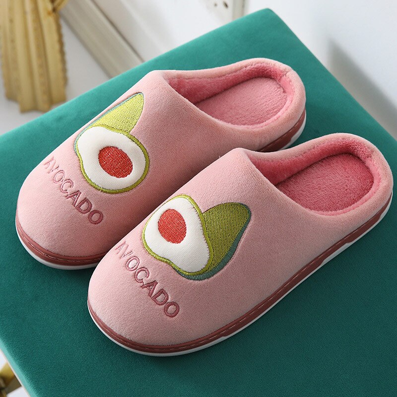 Hem par söt varm avokado tecknad sko kvinnor tofflor vinter skor inomhus dam casual höst flock skor hona: Rosa / 40-41