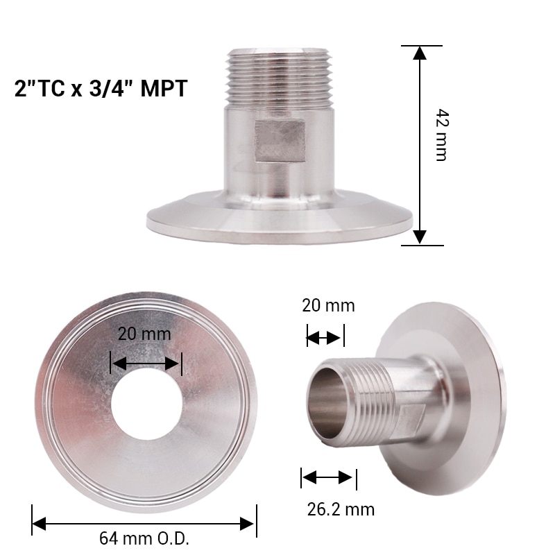 2" Tri-Clamp x 3/4" MPT 64mm OD SS 304 Sanitary Brewer Hardware, Homebrew Clover Fitting