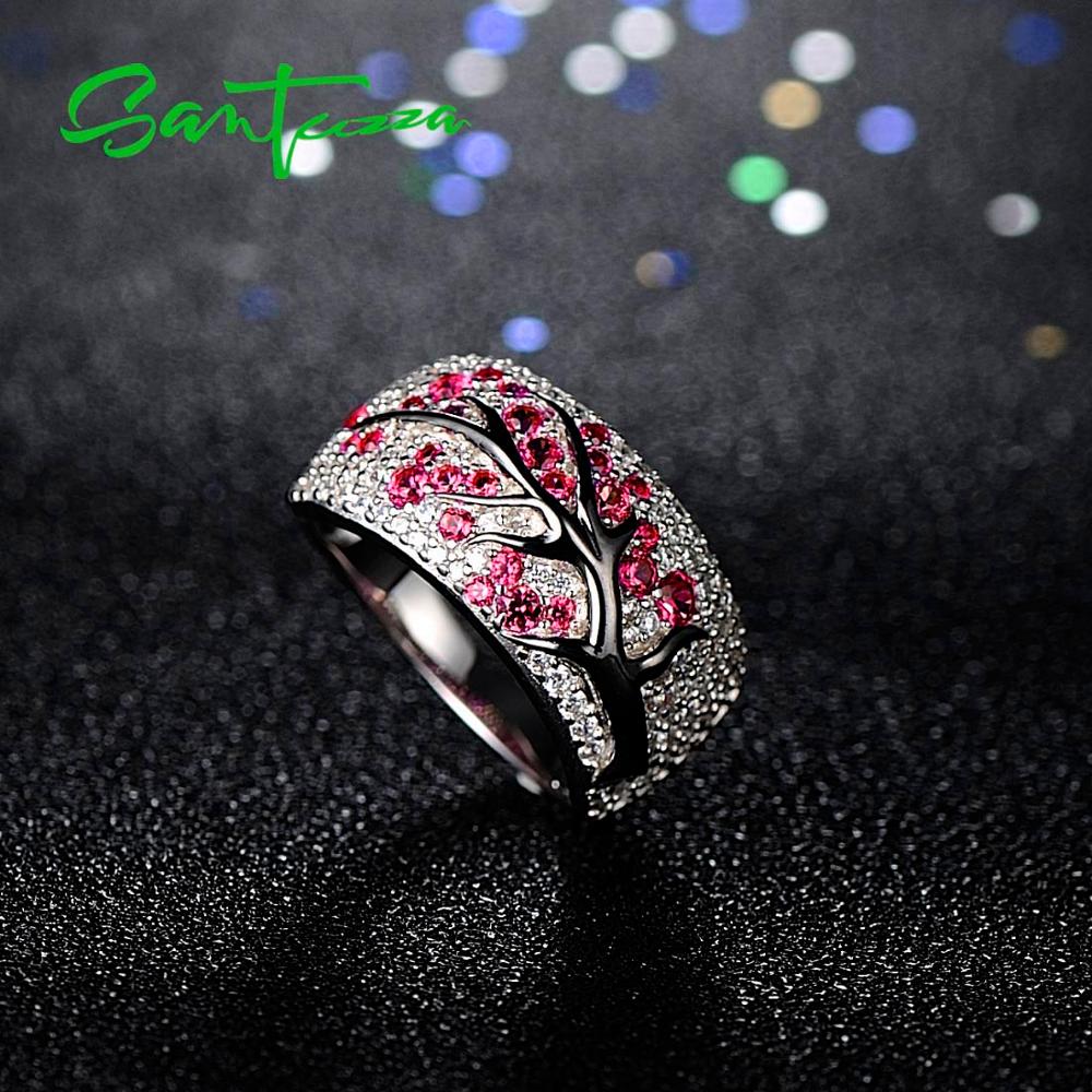 SANTUZZA Silver Ring for Women Genuine 925 Sterling Silver Pink Cherry Tree Cubic Zirconia Ladies Delicate Jewelry