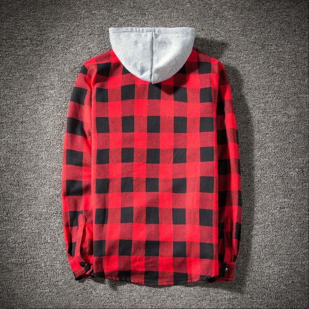 Camisa vaquera con capucha a cuadros para hombre, camisa informal de manga larga a cuadros, a la , corte entallado