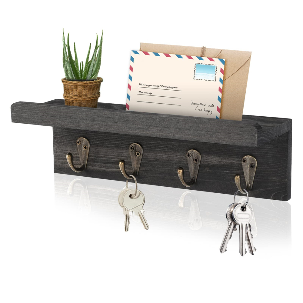 Portallaves de madera de granja, soporte de correo montado en la pared con 4 ganchos para llaves, estante decorativo de entrada para llaves, correa de perro
