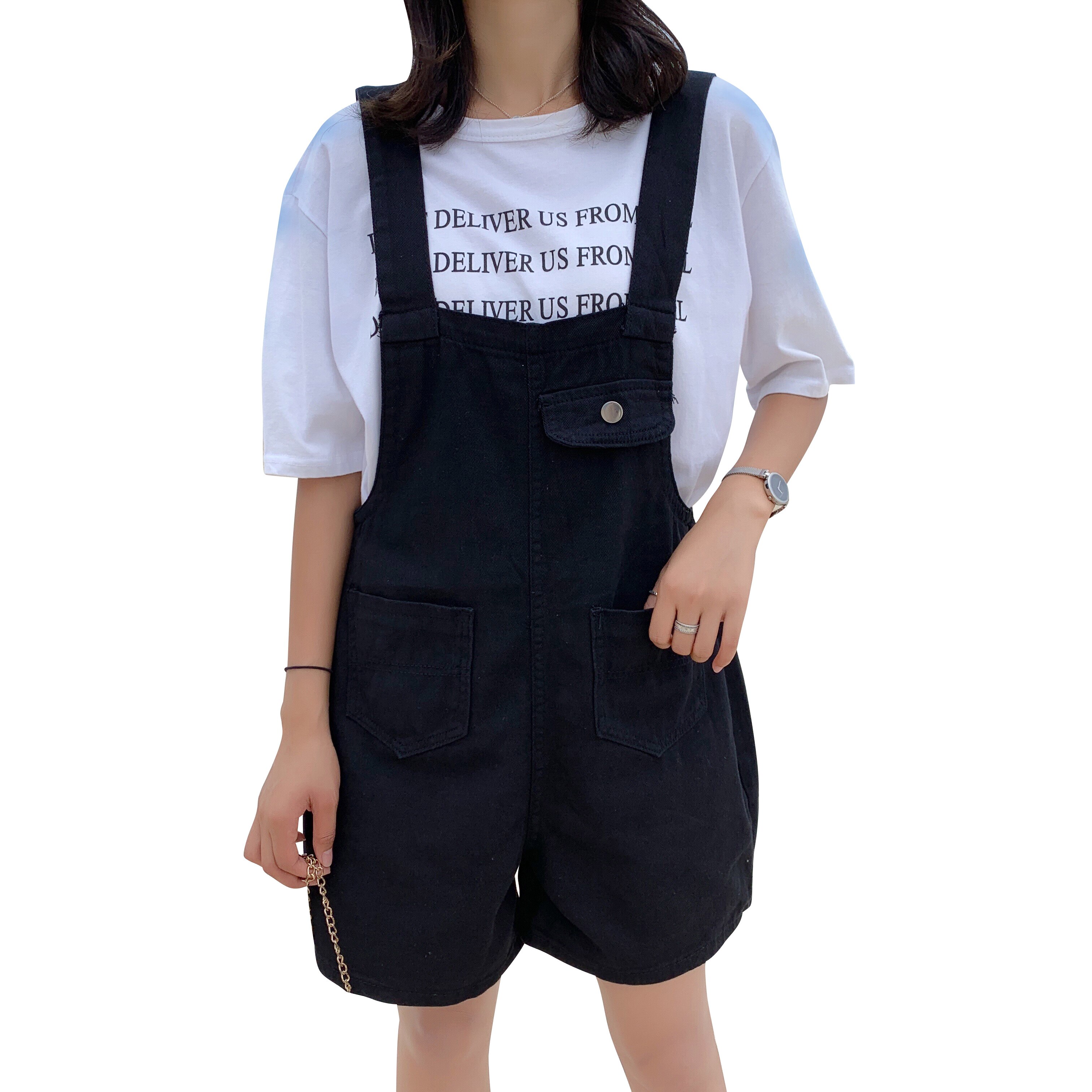 Kvinders plus size denim overalls sort høj talje all-match college stil veninder lomme justerbare overalls
