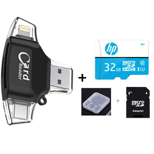 Lector de tarjetas Micro SD 4 en 1 tipo C, adaptador Lightning para iPhone, Android, iPad, MacBook, USB, OTG, extensión de teléfono: Black n 32GB TF Card
