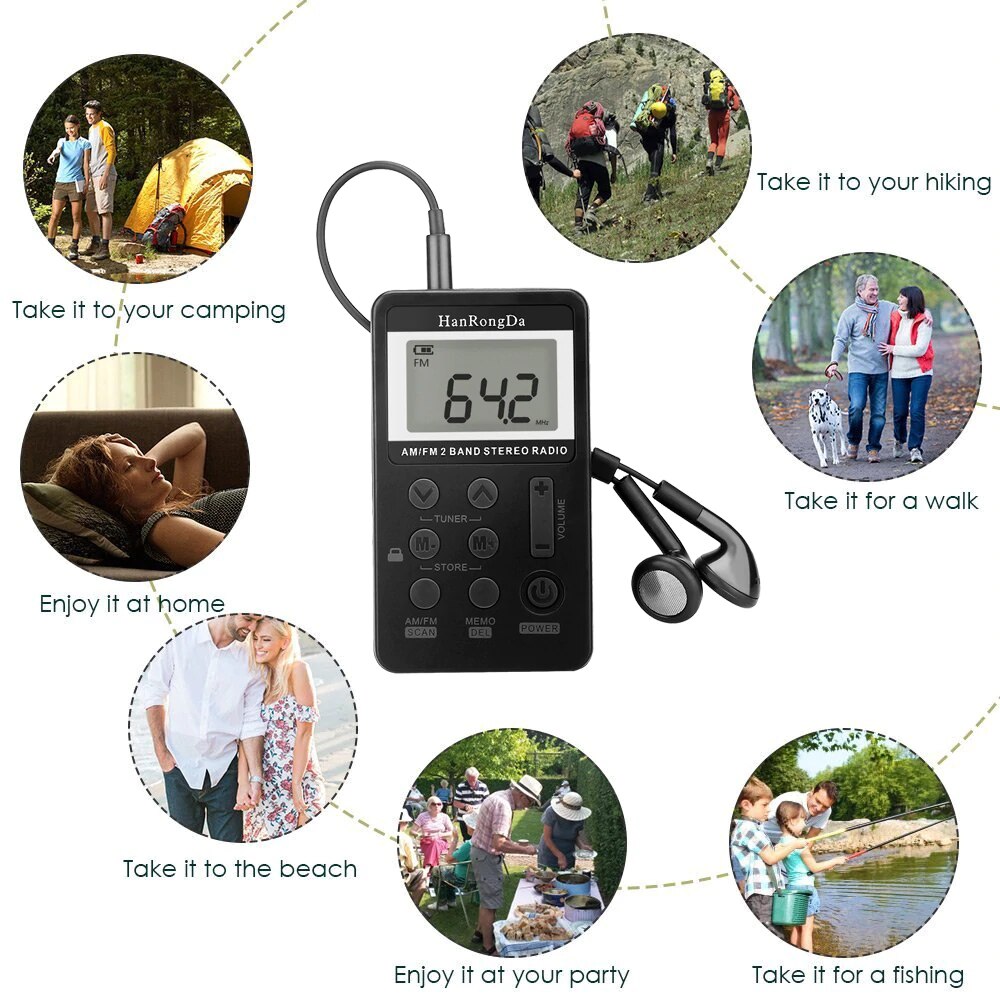 AM FM Stereo Radio Portable Mini Digital Tuning USB FM Radio Digital Frequency with LCD Display Lanyard and Earphone
