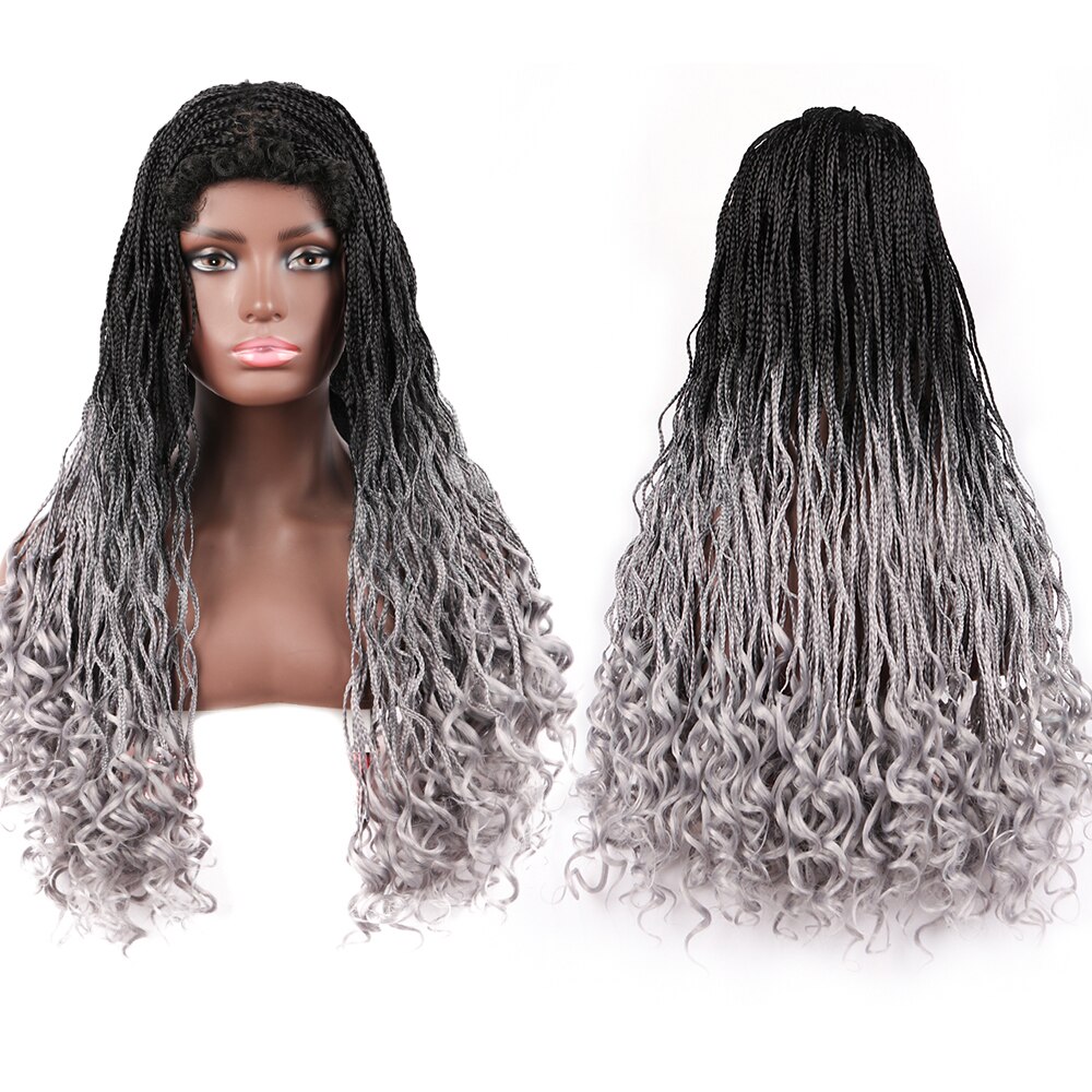 26inch Box Braid Wig With Curly End synthetic Braids Wigs For Women African Curl Jumbo Braided Hair Long Box Braiding Hair Wigs: Silver Grey