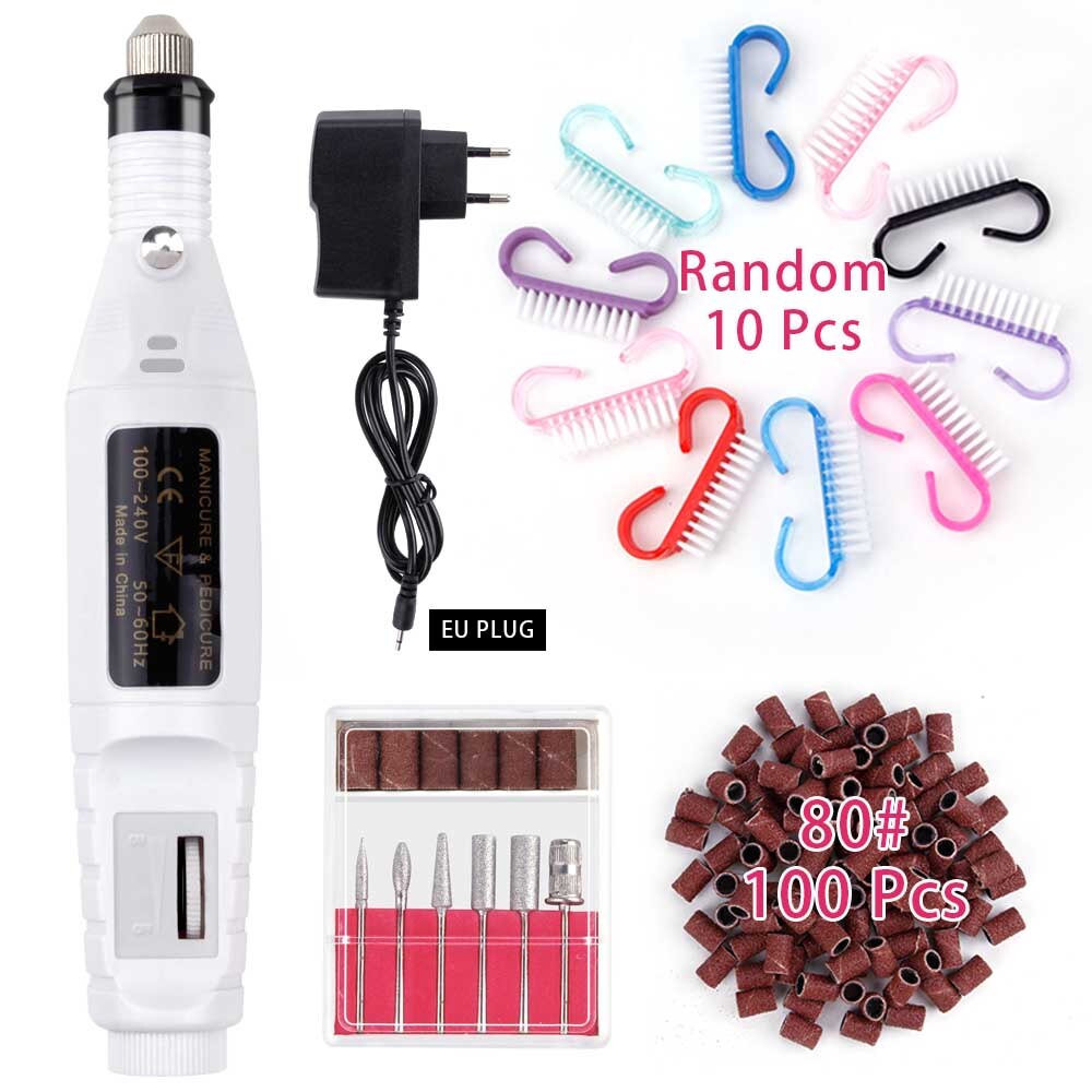 Gellak pedicure gereedschap elektrische nagelboor pen schuurvijl manicure machine set 10pc nagelkunst reinigingsborstel zacht stof verwijderen: Witte set 1