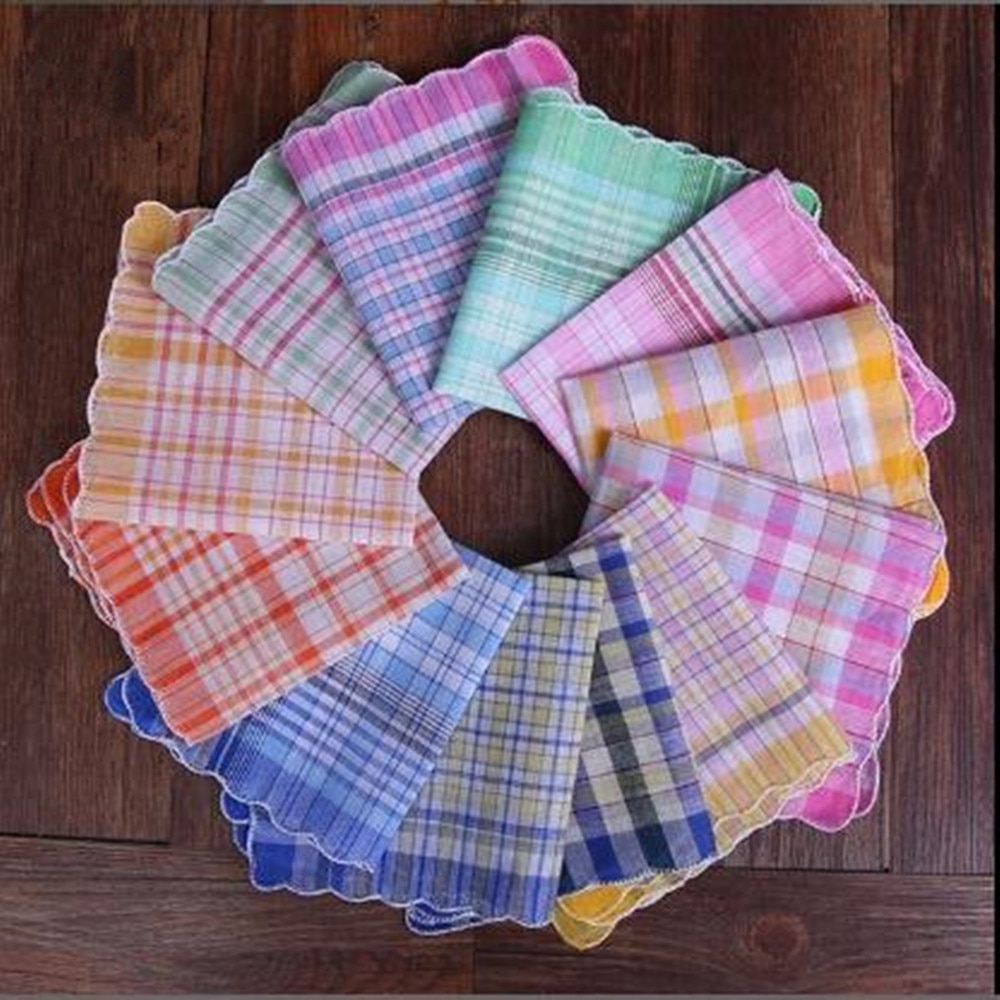 12Pcs Womens Ladies Handkerchiefs 100% Cotton Soft Plaid Handkerchiefs Mixed Color Pocket Hanky BBB1062