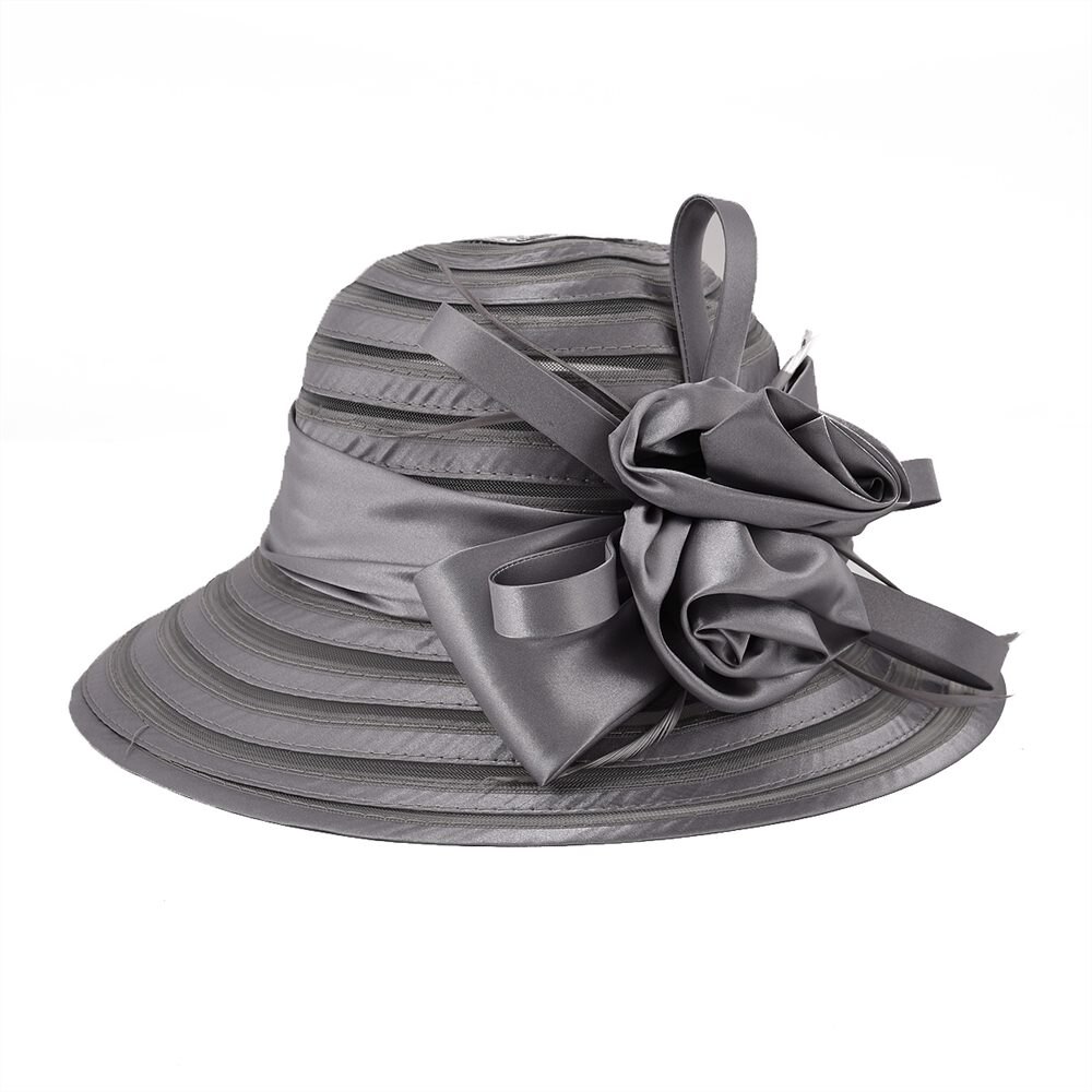 VOBOOM Organza été chapeau femmes vert large bord Protection solaire mariage église mer plage chapeaux rayure dames chapeau arc fleur 001: Gris