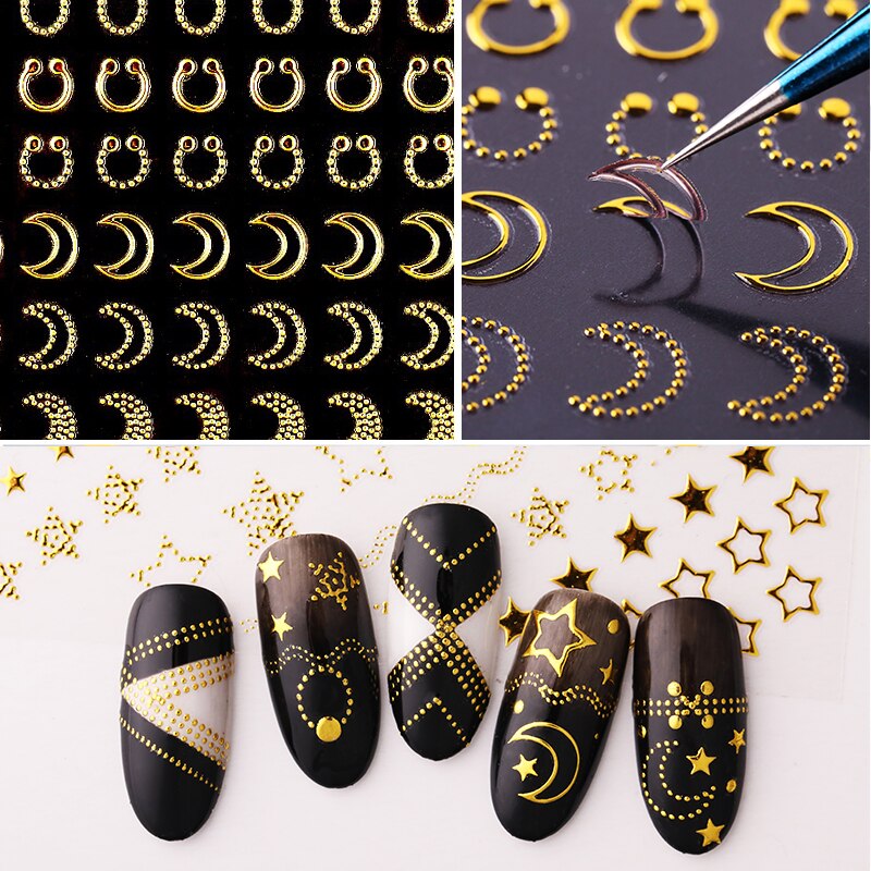 Or métal 3D autocollant à ongles géométrique lune étoile rayures vague ligne modèles Nail Art décalcomanies décoration bricolage accessoires de